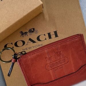 Coach Leatherware Rust Red Leather Zip Card Case with Keyring Dusty And GIFT BOX
